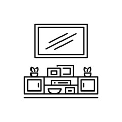Wall mounted floating TV stand. Vector illustration of modern media console. Line icon of led television table with shelves. Symbol of living room furniture. Isolated object