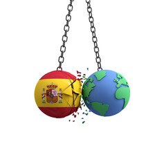 Spain flag ball hits planet earth. Environmental impact concept. 3D Render