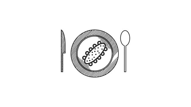 Black line Served cucumber on a plate icon isolated on white background. Marine food. 4K Video motion graphic animation