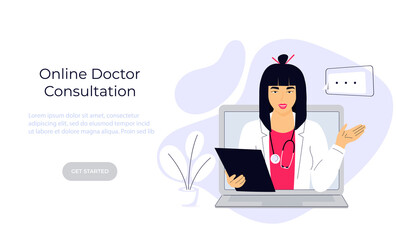 Asian Woman doctor consults online by video call on laptop. Telemedicine concept. Chat with a medical worker. Web page template.