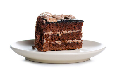 Piece of chocolate cake on plate on white background isolation