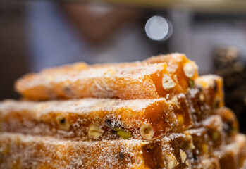 rows of Turkish delight sweets lined up in window