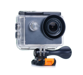 Waterproof case for action camera on white background isolation