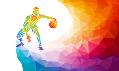 Polygonal geometric style illustration of a basketball player jump shot jumper shooting jumping viewed from the side set on colorful low poly background.