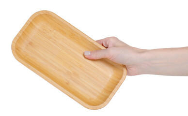 Bamboo plate dish in hand on white background isolation