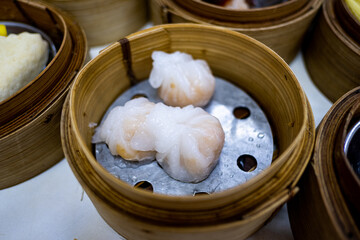 Dim sum in bamboo steamer, chinese food.