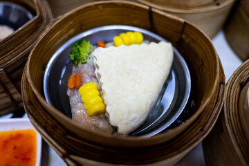Dim sum in bamboo steamer, chinese food.