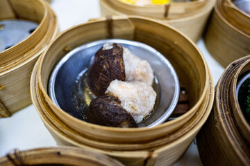 Dim sum in bamboo steamer, chinese food.