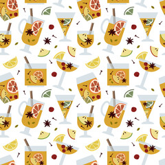 Christmas mulled white wine, citrus fruit, apple, cinnamon, clove, cardamom, anise. Autumn, winter hot drink in glass. Sangria, cider. Traditional xmas beverage. Vector flat cartoon seamless pattern