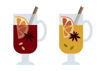 Christmas mulled wine with citrus fruit, apple, cinnamon, clove, cardamom and anise. Winter hot drink in glass. Sangria, apple cider. Traditional xmas beverage. Vector illustration, flat cartoon style