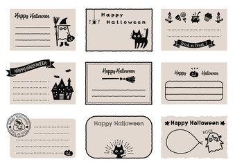 ハロウィンのメッセージカード、ハロウィンのラベルデザイン、シンプルな手描きのイラスト © SAIDA IKUKO