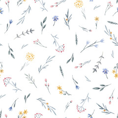 Beautiful floral seamless pattern with cute watercolor hand drawn wild flowers. Stock illustration.