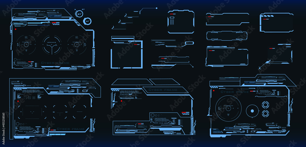 Fototapete Set of futuristic cyber frames for HUD user interface. Game user interface HUD. Set for a portable pocket computer. Concept frames and windows for the user interface