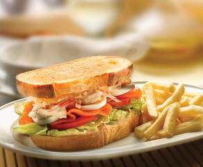 Sándwich de salmón  con huevo y patatas fritas. Salmon sandwich with egg and fries.