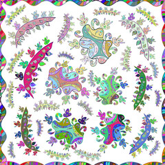 Seamless pattern with interesting doodles on colorfil background. Raster illustration.