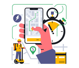 Online food delivery service to your home. Online tracking of the location of the order in the mobile application. Hand, phone, app, map, address, loaction, bank card, courier. Vector illustration.