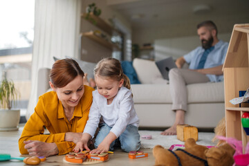 Mother with small daughter playing indoors at home, everyday life and home office with child...