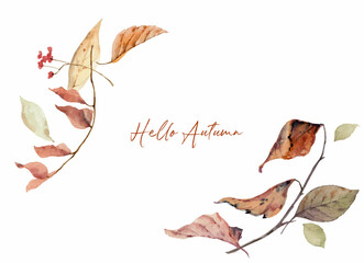 Watercolor vector autumn wreath with leaves and branches.