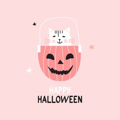 Vector funny happy Halloween card with cute white cat sitting in a pumpkin.