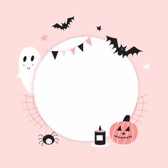 Vector happy Halloween frame background with cute ghost and bats. Pastel colors design.