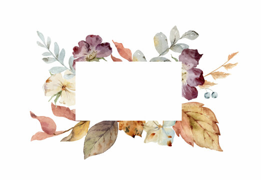 Watercolor vector autumn frame with leaves and branches.