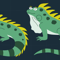 Funny green iguana with cute eyes. Adorable lizard hand drawn vector illustration. Amphibian cartoon character in flat style. Comical background.