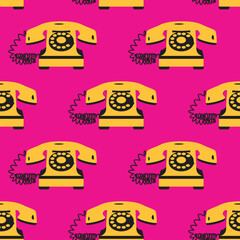 Seamless pattern with yellow vintage telephones on pink background.