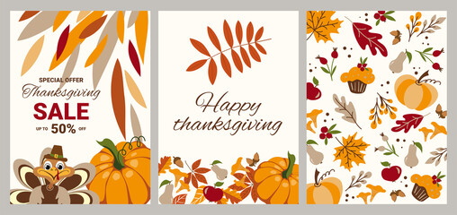 Set of vector designs for Thanksgiving Day. Greeting cards, invitations, discount announcements.