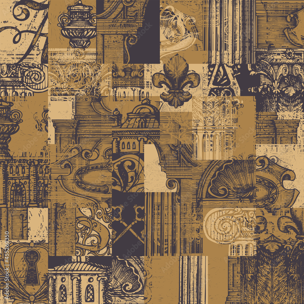 Poster abstract seamless pattern on theme of ancient architecture and art. multilayered vector background i