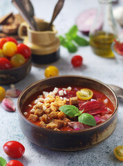Spanish traditional tomato soup salmorejo	