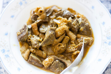Moroccan tajine made with Eid al Adha lamb sacrifice ingredients as offal or entrails making a...