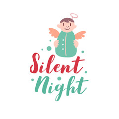 Christmas logotype or insignia. Cute cartoon Christmas angel. Silent night.