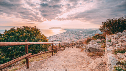 Terracina, Italy. Road To Temple Of Jupiter Anxur And Top View Skyline Cityscape City In Sunset Or Sunrise