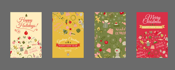 Fototapeta na wymiar Set of web banners with Christmas design elements in doodle style. Christmas cards. Vector
