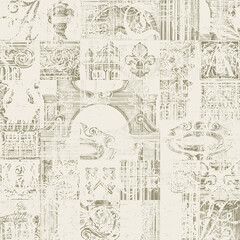 Abstract seamless pattern with hand-drawn architectural fragments on a light backdrop. Monochrome vector background in grunge style. Suitable for wallpaper, wrapping paper or fabric