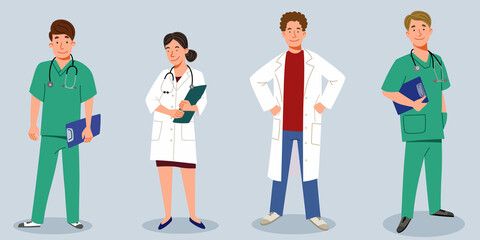 A set of doctors. The medical staff is a doctor and a nurse, a group of doctors. Vector illustration in a flat style.