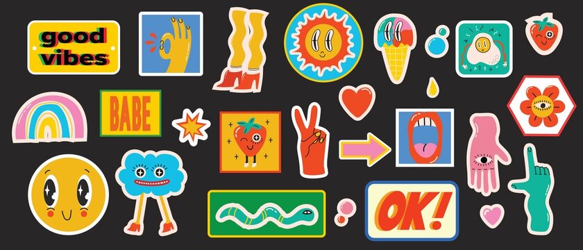 Hand drawn Vector illustrations of Set of Various patches, pins, stamps or stickers with abstract funny cute comic characters.