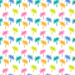 Palm trees pattern. Seamless background with multicolored coconut palm trees on white, vector