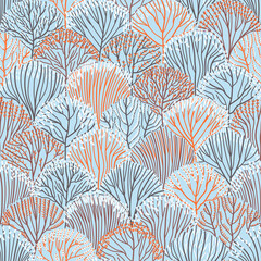 Seamless pattern of autumn-winter forest on a blue background. Orange autum forest nature. Delicate colors of autumn-winter branches and leaves. Flat vector illustration.