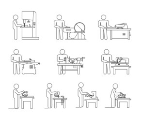 Pictograms lineIcon collection of electric machine tools  for wood. Machines used in production in various types of industry.