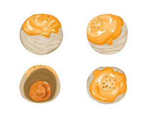 Isolated Shanghai mooncake in different view on white background . Hand drawing vector illustration. Authentic Asian food and snack.