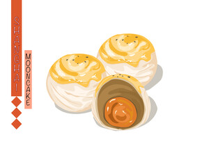 Isolated Shanghai mooncake whole and half with salt egg yolk and bean favour on white background. Mid autumn festival, asian culture vector illustration.