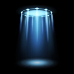 Light ufo. Spaceship alien magic bright blue beam. Futuristic Sci-fi spotlight from ufos spacecraft isolated on black effect. Flying saucer and abduction spotlight ray. Vector illustration © YummyBuum