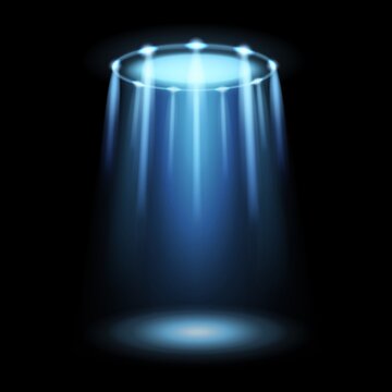 Light ufo. Spaceship alien magic bright blue beam. Futuristic Sci-fi spotlight from ufos spacecraft isolated on black effect. Flying saucer and abduction spotlight ray. Vector illustration