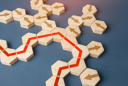 Red line is built from possible options of ways. Business development, promotion and progress. Strategic planning, risk management. Analytics and process optimization. Lower costs, higher efficiency.