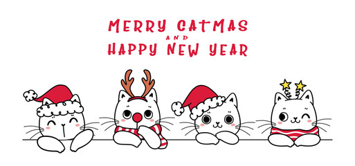 cute four kitten cats in Christmas hat, merry Christmas and happy new year banner, childlike cartoon flat vector hand drawn