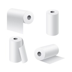 Paper rolls realistic. 3d white kitchen towel or toilet tissue on cardboard cylinder, hygiene products, different camera angle, unwound pieces. Clean soft napkin. Vector set