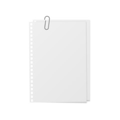 Sheets with holder and clip. Realistic mockup memo stickers. White copybook blank, notebook paper open organizer, sketchbook or diary top view, office or school stationery, vector illustration