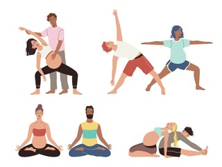 Obraz premium Pregnancy yoga couple. Happy future parents different asana poses, healthy family stretch and meditation exercise, husband and wife preparing for child birth. Vector cartoon isolated set