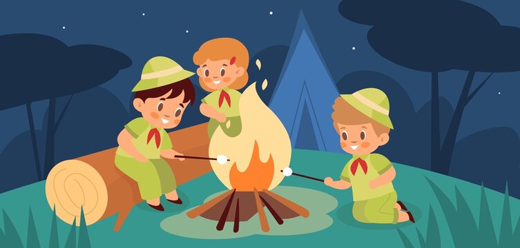 Children night campfire. Young adventurers around night fire fried marshmallows, nighty forest, kids on hike overnight stay. Happy boys and girls summer outdoor vacation. Vector concept